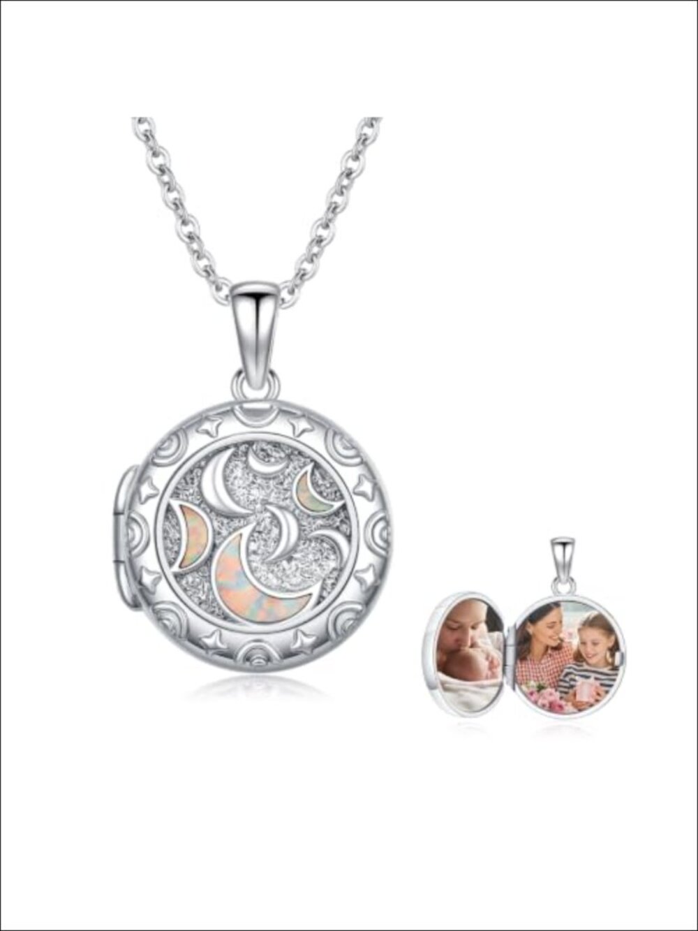 Custom Photo Locket Necklace for Women Opal Moon Pendant Memory Keepsake Gift